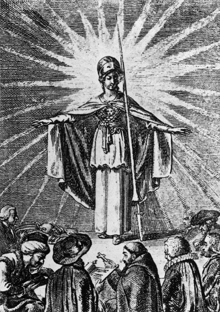 Minerva as a symbol of enlightened wisdom protects the believers of all religions (Daniel Chodowiecki, 1791)