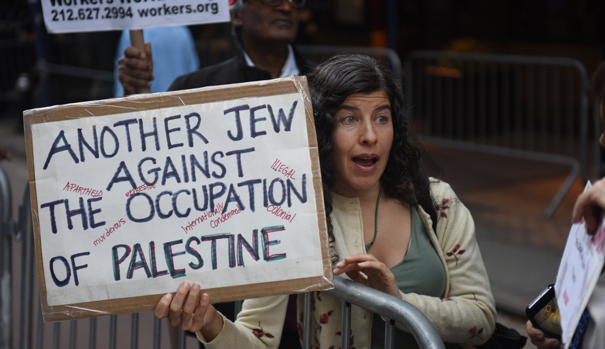 
A Jewish anti-Israel demonstrator in New York City in 2014. Andy Katz/Pacific Press/LightRocket via Getty Images.



