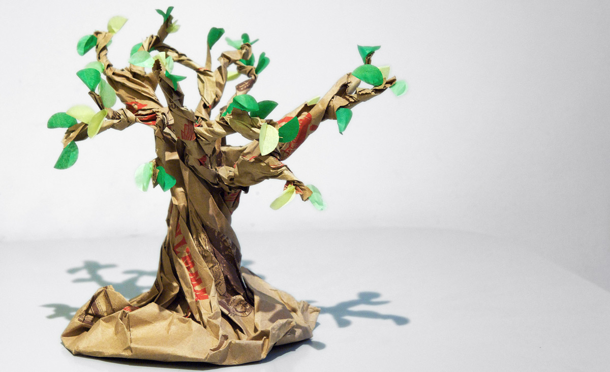 A paper bag bonsai tree. Rachel Pasch/Flickr.
