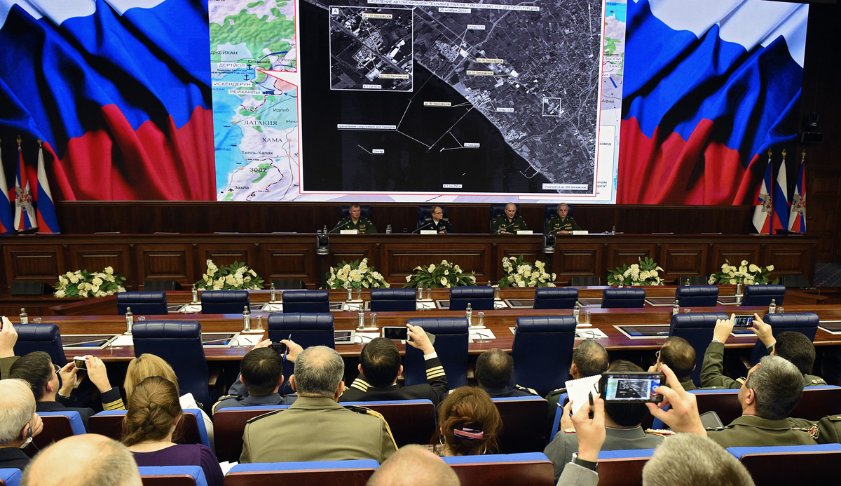 
Russia&#8217;s top military officials hold a press conference on the fight against terrorism in Syria at the National Defence Control Centre of the Russian Federation in Moscow on December 2, 2015. VASILY MAXIMOV/AFP/Getty Images.




