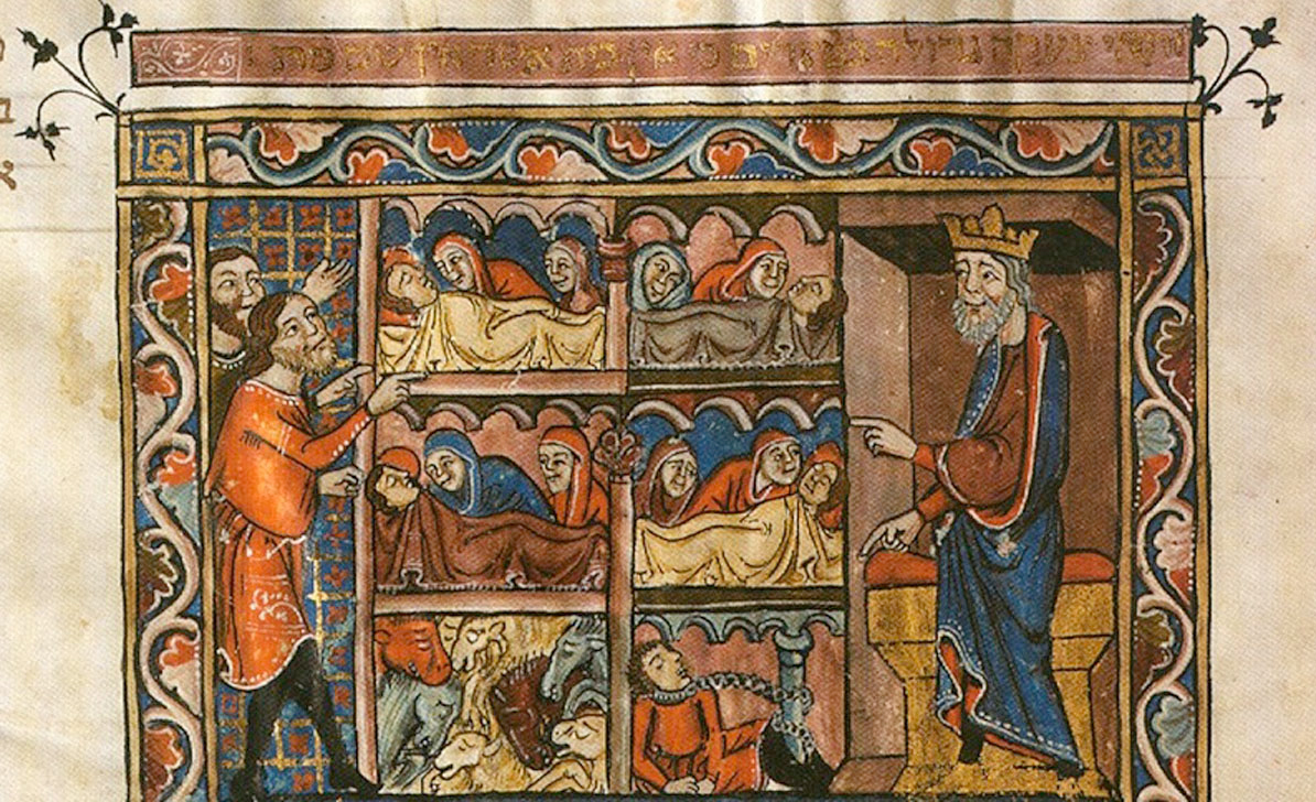 The Death of the First Born from the Rylands Haggadah, created in Catalonia, Spain sometime around 1330.
