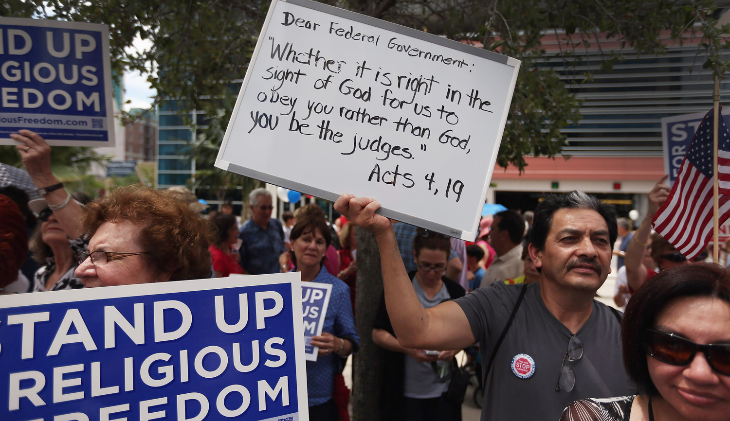 Protesters at a religious freedom rally on June 8, 2012 in Miami, Florida. Joe Raedle/Getty Images.
