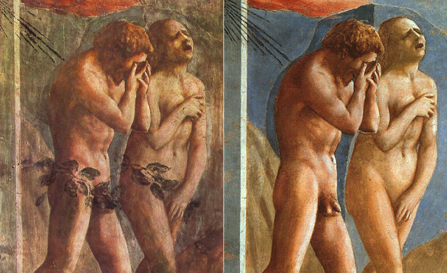 From The Expulsion Of Adam and Eve from Eden by Masaccio. 1426-1428. Altered in 1680, left frame; restored in 1980, right frame. Wikimedia.

