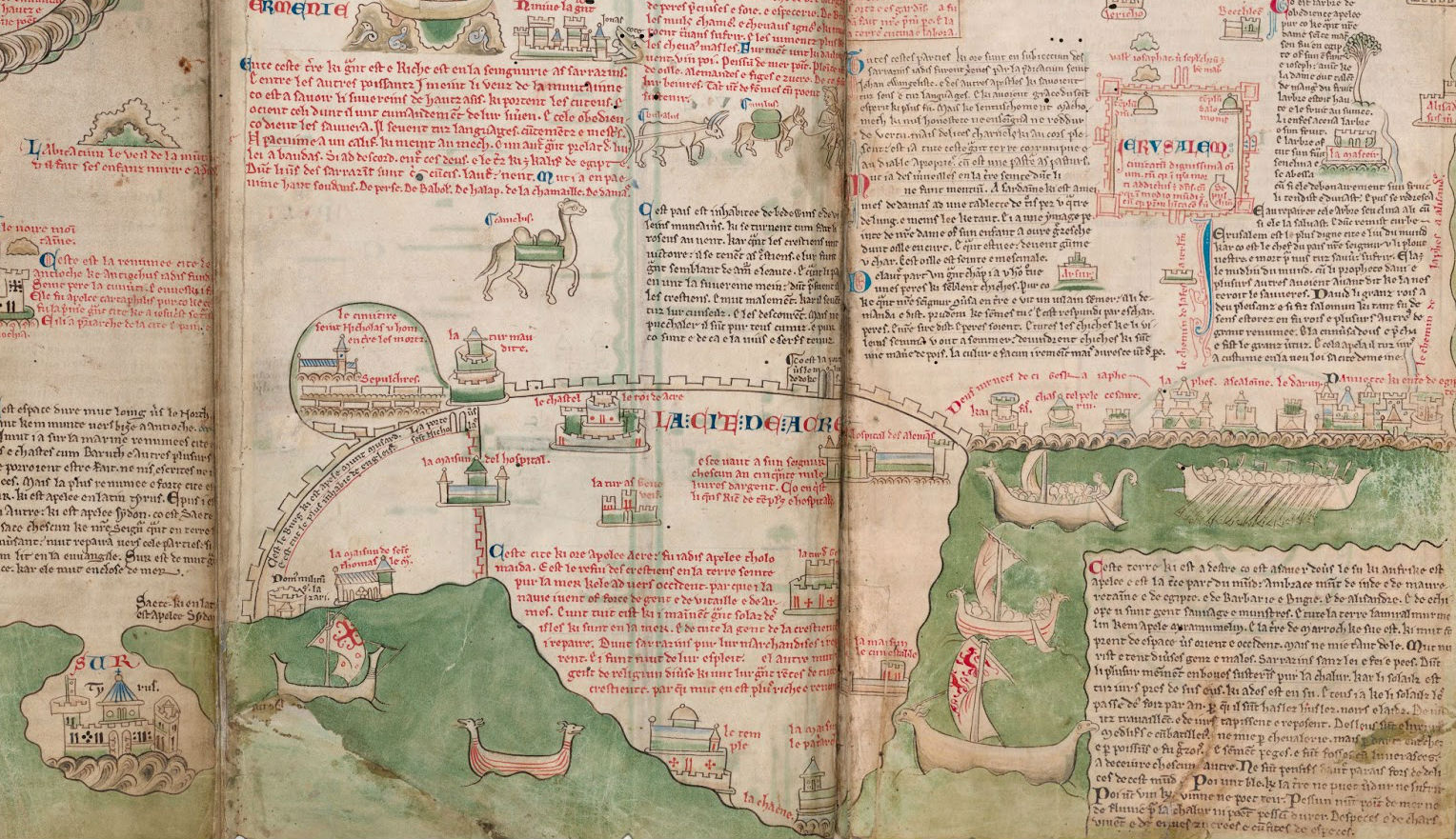 A map of the Holy Land written and illustrated by Matthew Paris in Saint Albans, England ca. 1240-53. The Master and Fellows of Corpus Christi College, Cambridge (MS 26).
