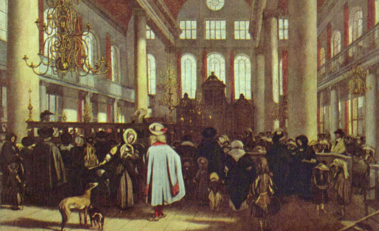 From The Interior of the Portuguese Synagogue in Amsterdam by Emanuel de Witte, 1680. Wikimedia.
