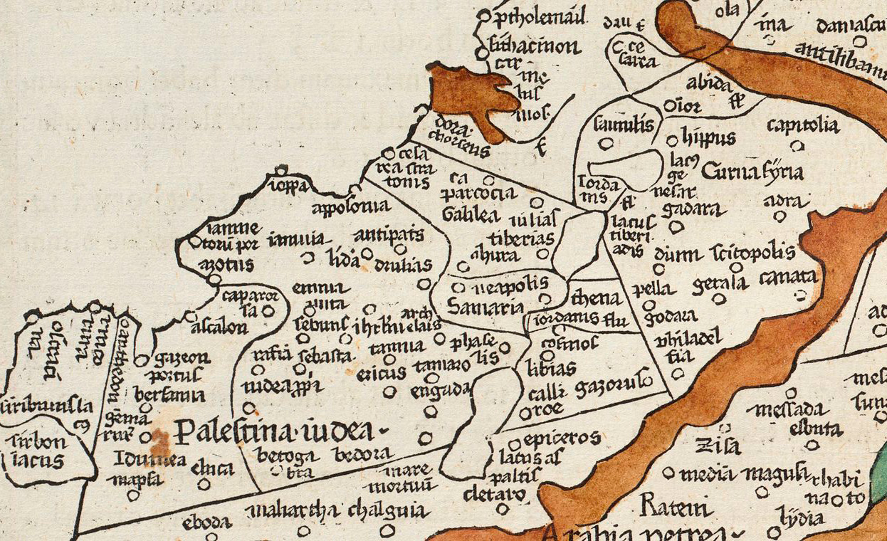 A map of Palestine published in a 1482 version of Ptolemy&#8217;s Cosmographia by Nicolaus Germanus. Wikipedia.
