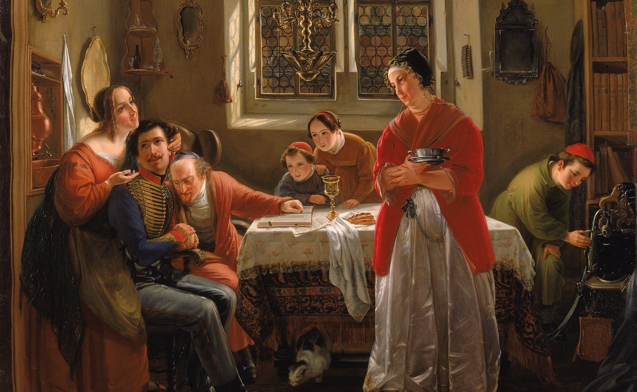 Detail from Moritz Oppenheim, The Return of the Volunteer from the Wars of Liberation to His Family Still Living in Accordance with Old Customs, 1834. Wikimedia.
