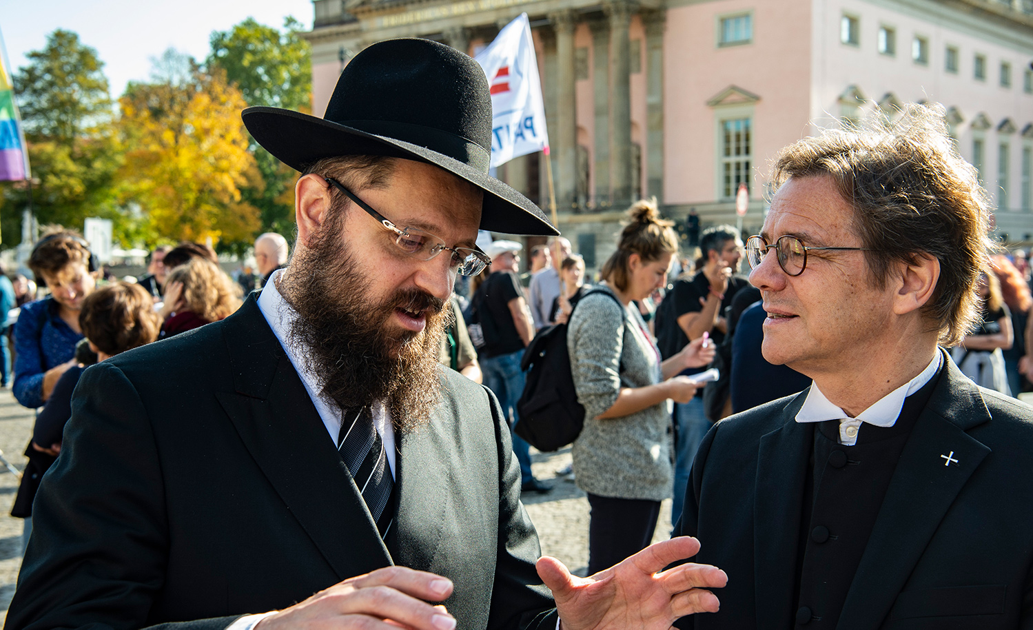 Yehuda Teichtal, left, of the Jewish community in Berlin, and Markus Dröge, bishop of the Protestant church in Berlin, at a demonstration against anti-Semitism in 2019. Paul Zinken/picture alliance via Getty Images.
