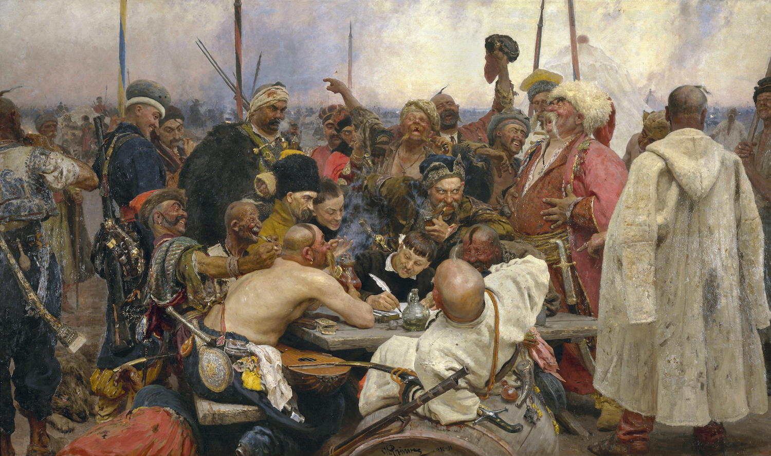 Reply of the Zaporozhian Cossacks to Sultan Mehmed IV of the Ottoman Empire by Ilya Repin, 1891. Wikipedia.

