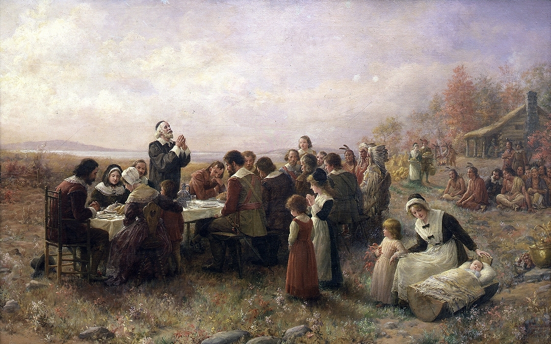 The First Thanksgiving at Plymouth, 1914, by Jennie A. Brownscombe. Wikimedia.
