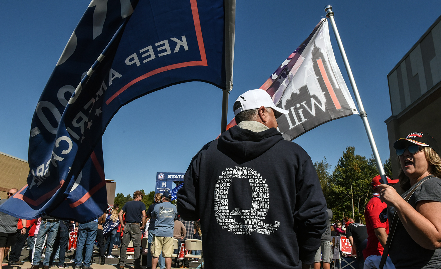 A person wears a QAnon sweatshirt during a pro-Trump rally on October 3, 2020 in the borough of Staten Island in New York City. Stephanie Keith/Getty Images.
