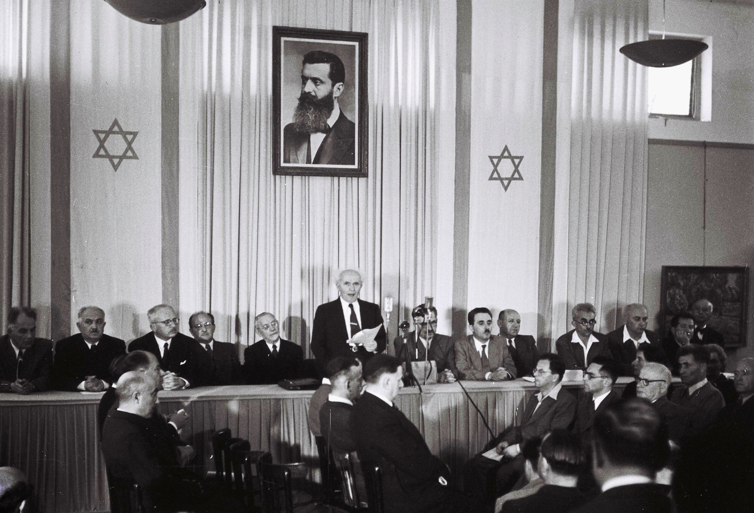 David Ben-Gurion reading the Declaration of Independence on May 14, 1948 during the ceremony founding the state of Israel. Zoltan Kluger/GPO via Getty Images.

