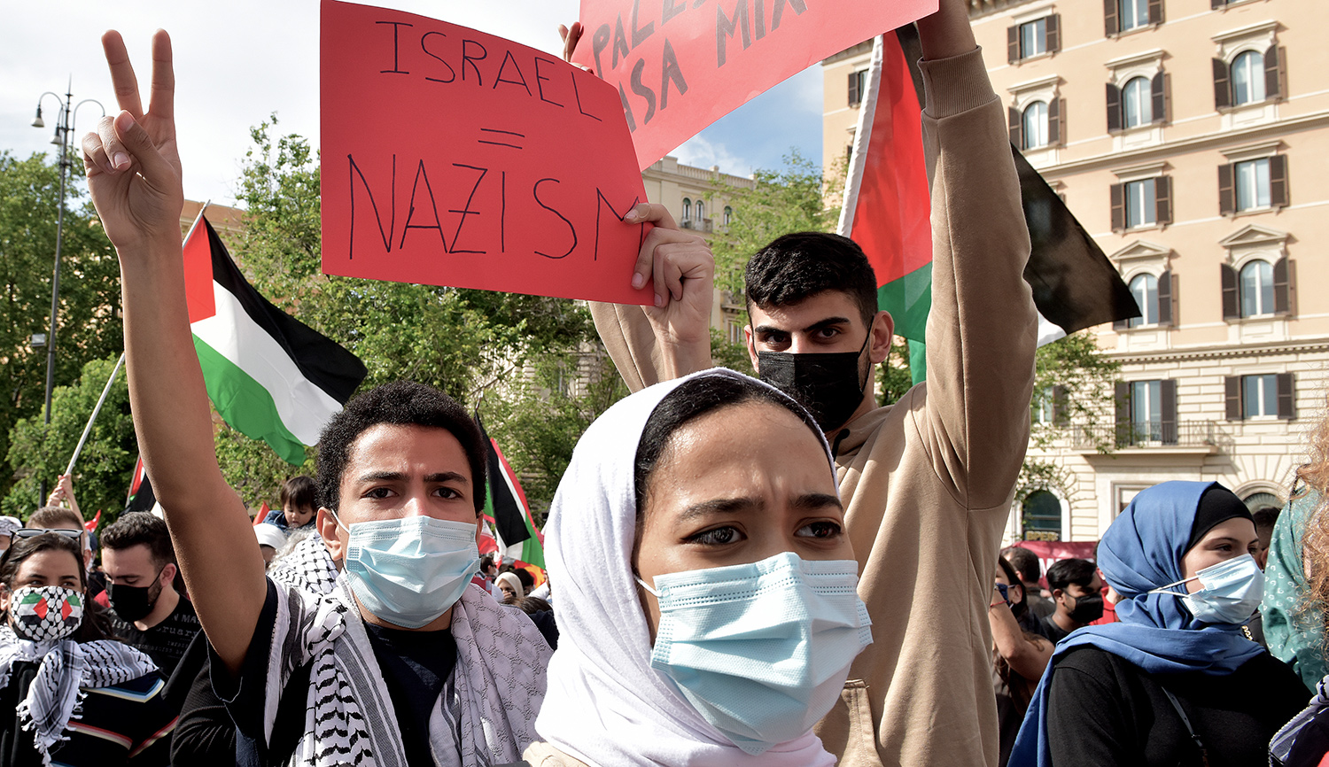 Demonstrators at an anti-Israel rally on May 15, 2021 in Rome. Simona Granati &#8211; Corbis/Corbis via Getty Images.
