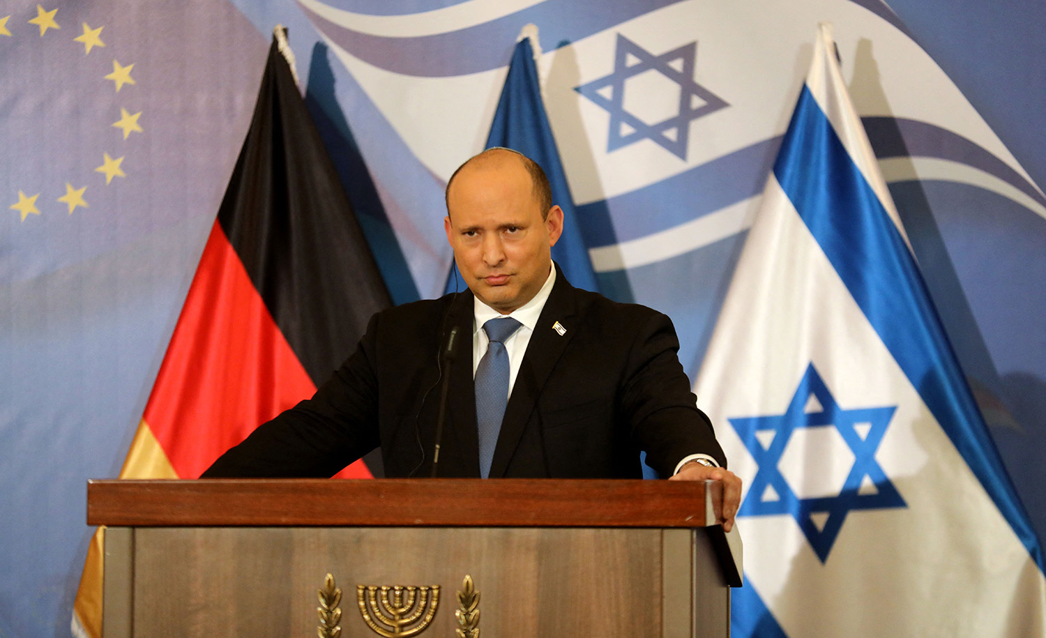 Israeli Prime Minister Naftali Bennett at a press conference with German Chancellor Olaf Scholz in Jerusalem on March 2, 2022. GIL COHEN-MAGEN/POOL/AFP via Getty Images.
