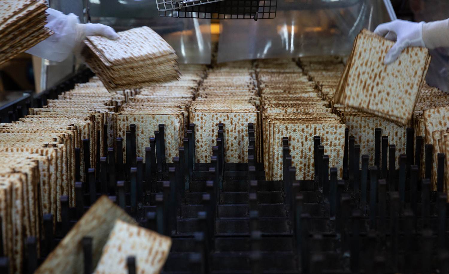 Workers making matzah for Passover in Bnei Brak, Israel in 2020. Guy Prives/Getty Images.
