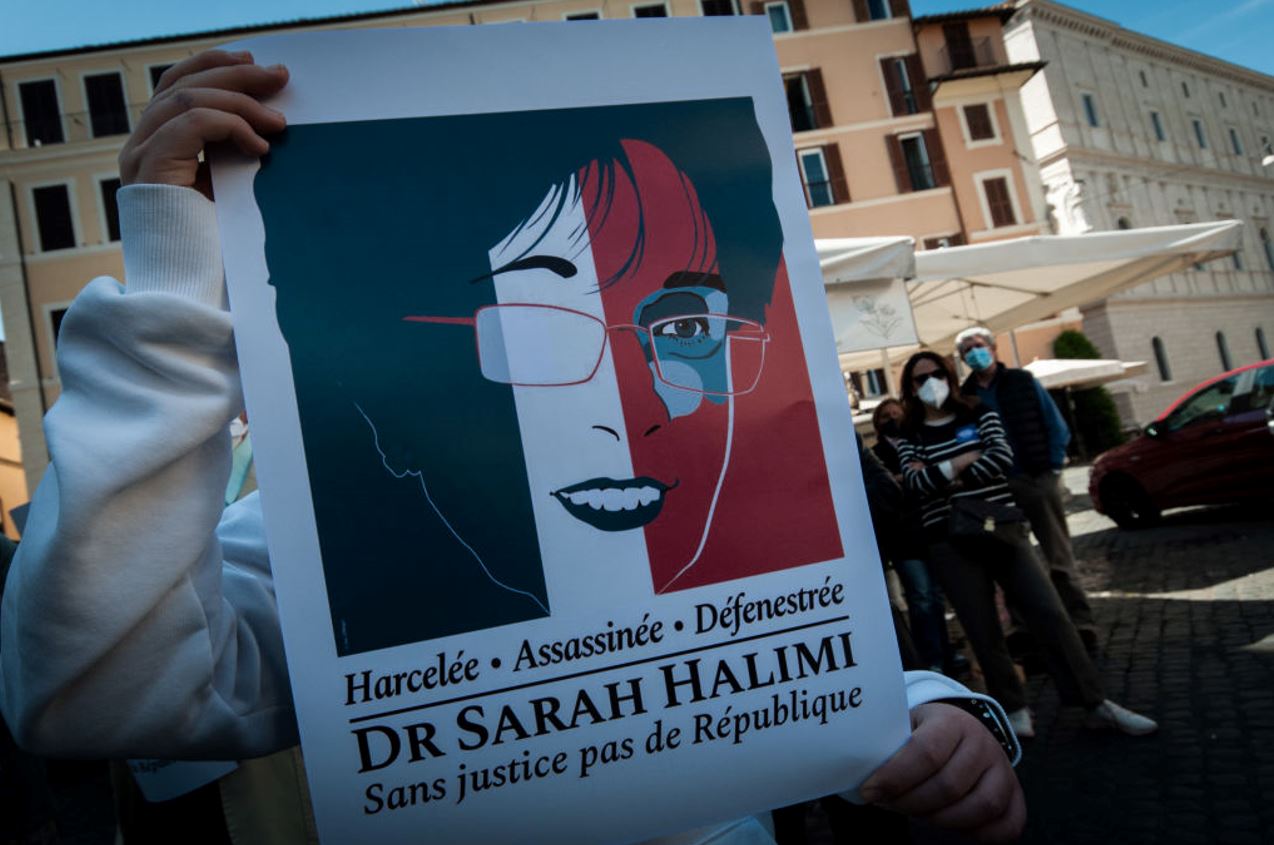 A sit in by the Jewish community of Rome held near the French Embassy on April 25, 2021, demonstrating against the recent decision by France&#8217;s highest court that the murderer of Sarah Halimi, a Jewish woman, was not criminally responsible. Photo by Andrea Ronchini/NurPhoto via Getty Images.
