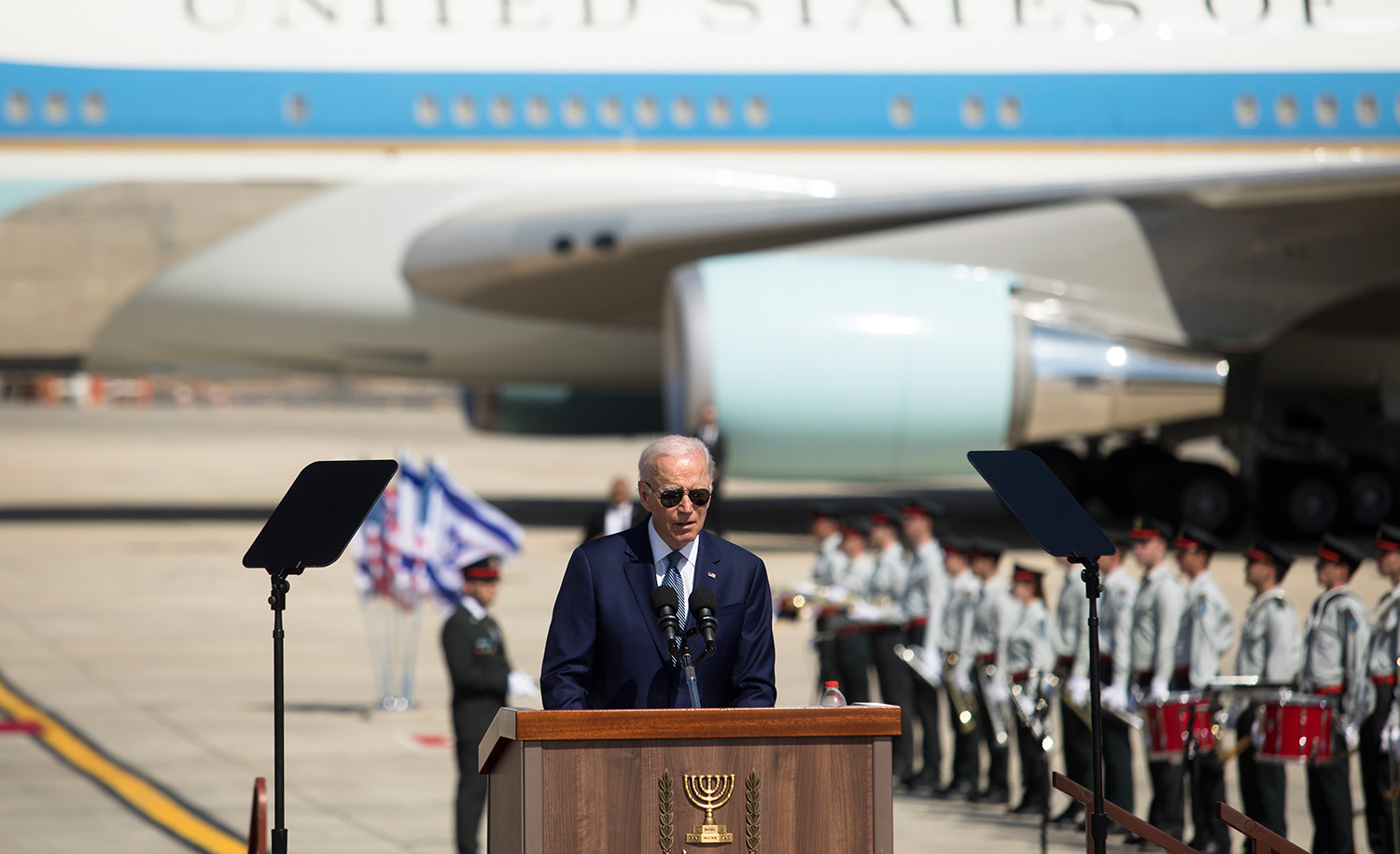 President Joe Biden speaks during the welcome ceremony during his visit to Israel on July 13, 2022 in Lod, Israel. Amir Levy/Getty Images.
