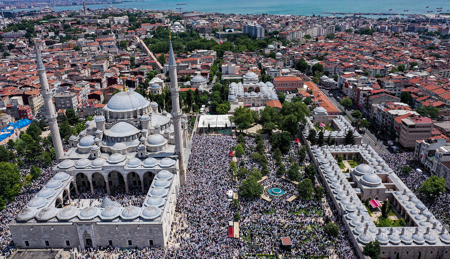 
An aerial view of Fatih Mosque as people gather for a funeral in Istanbul on June 24, 2022. Ali Atmaca/Anadolu Agency via Getty Images.






