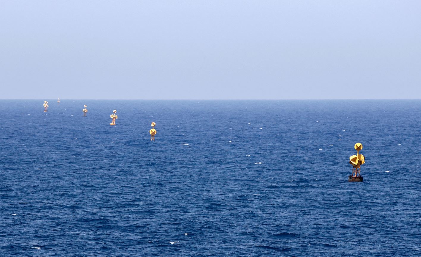 A line of buoys in the Mediterranean Sea that mark Israel&#8217;s maritime border with Lebanon. Photo by JACK GUEZ/AFP via Getty Images. 
