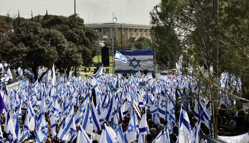 Israeli gather in front of the Knesset in Jerusalem to protest judicial reform on February 13, 2023. Mostafa Alkharouf/Anadolu Agency via Getty Images.

