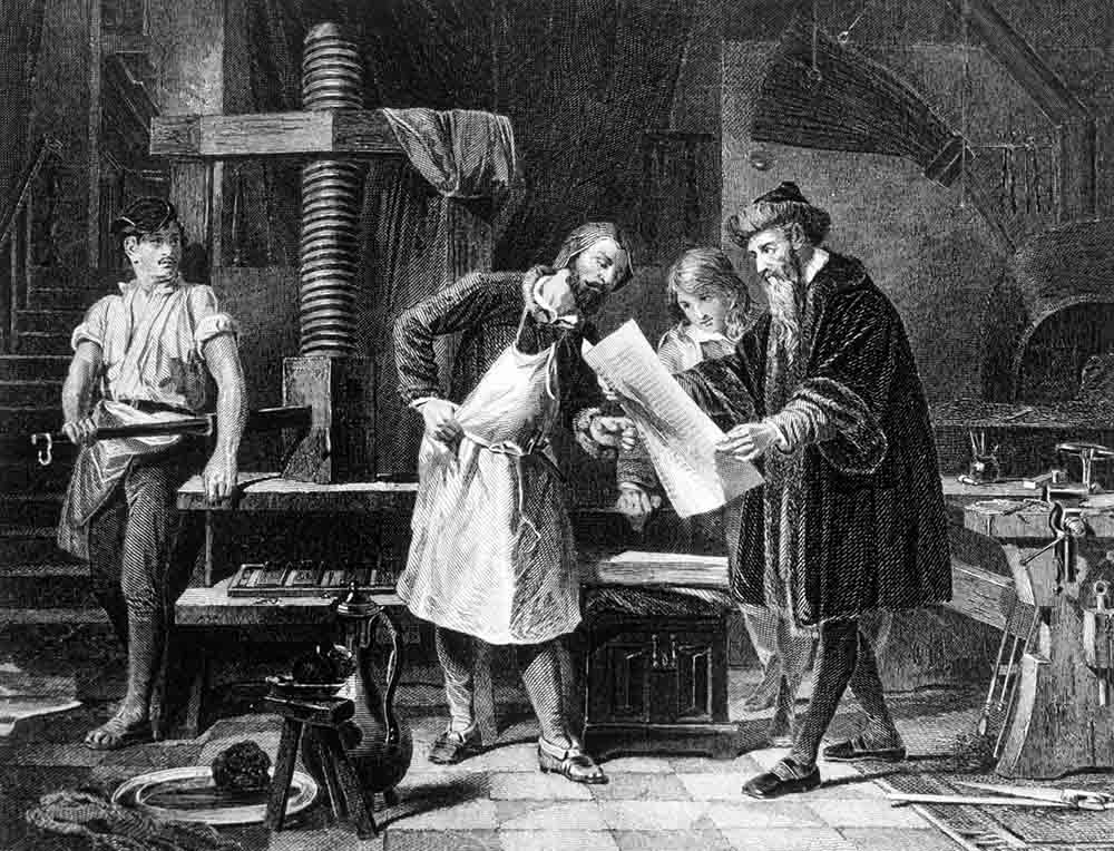 Johann Gutenberg (right) in engraving from 1881. Shutterstock.

