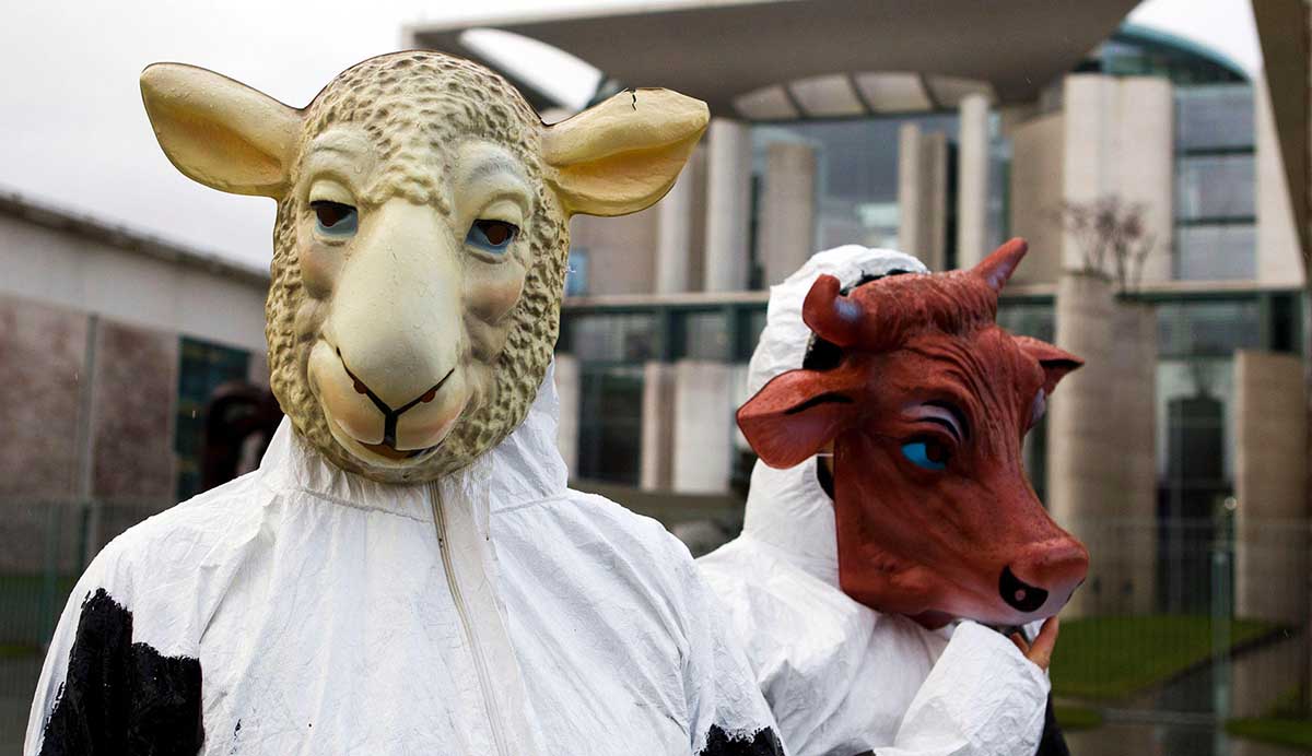 Animal-rights activists protesting kosher and halal slaughter in front of the Chancellery in Berlin, January 5, 2012. REUTERS/Thomas Peter/Alamy.
