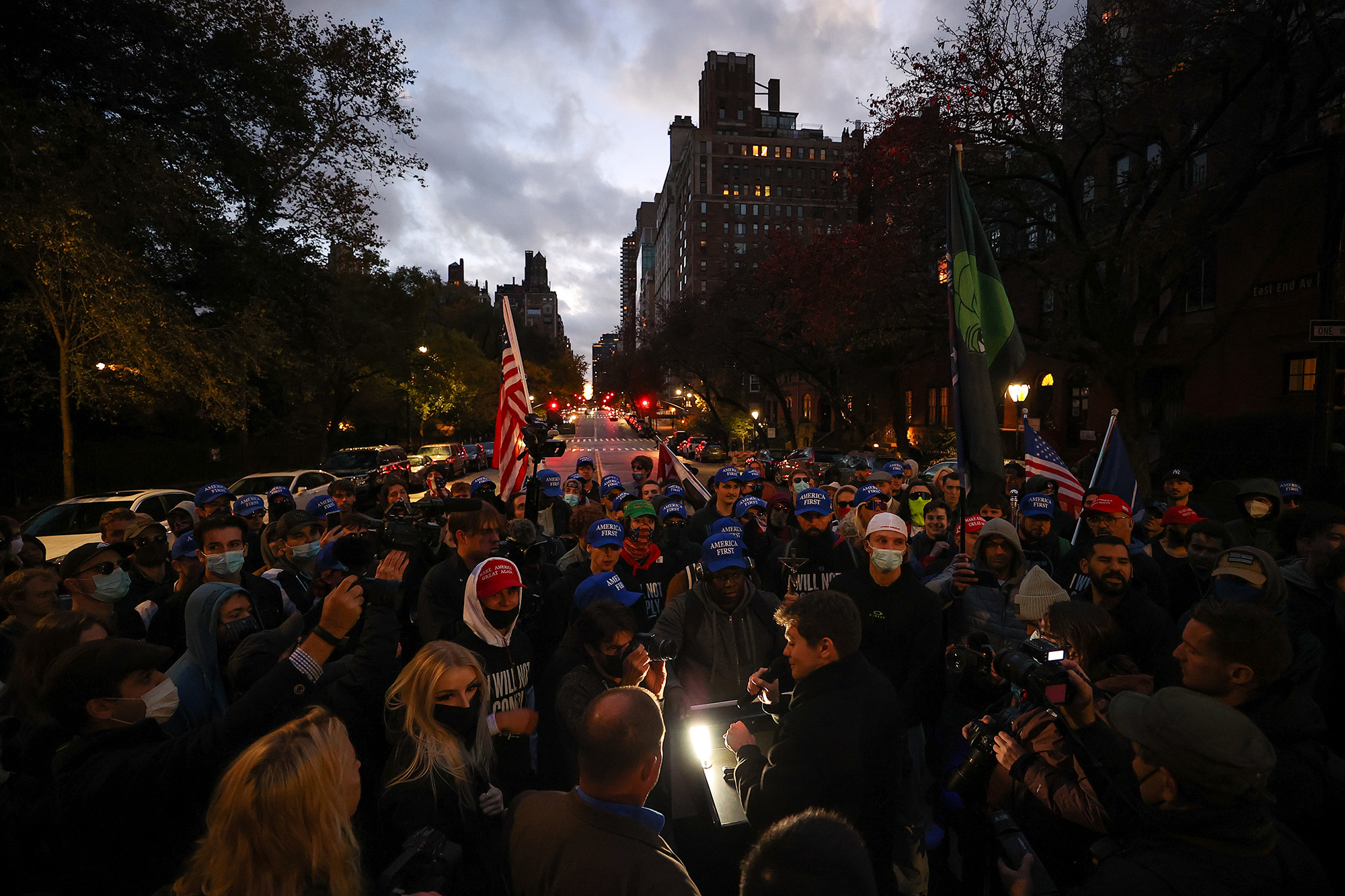 Far-right leader Nick Fuentes speaks as protesters gather in New York City on November 13, 2021. Tayfun Coskun/Anadolu Agency via Getty Images.

