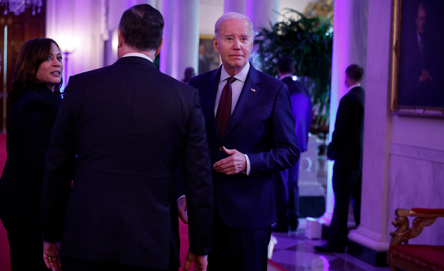 
President Joe Biden, Vice-President Kamala Harris, and second gentleman Doug Emhoff depart a celebration to mark Jewish American Heritage Month at the White House on May 16, 2023. Chip Somodevilla/Getty Images.






