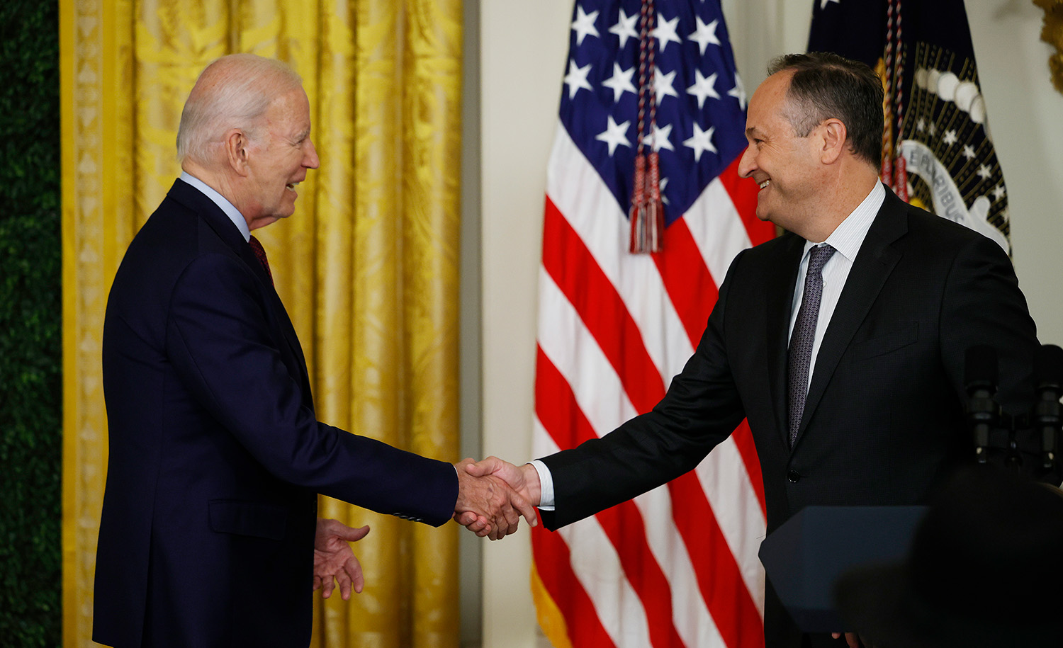 
President Joe Biden and second gentleman Doug Emhoff during a celebration marking Jewish American Heritage Month in the East Room of the White House on May 16, 2023 in Washington, DC. Chip Somodevilla/Getty Images.






