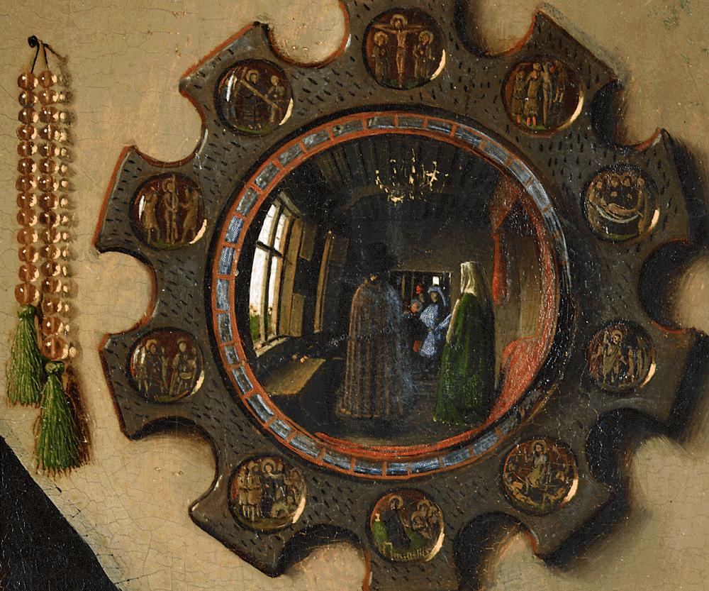 Detail of the convex mirror from the Arnolfini portrait, Bruges, 1434. Wikipedia.
