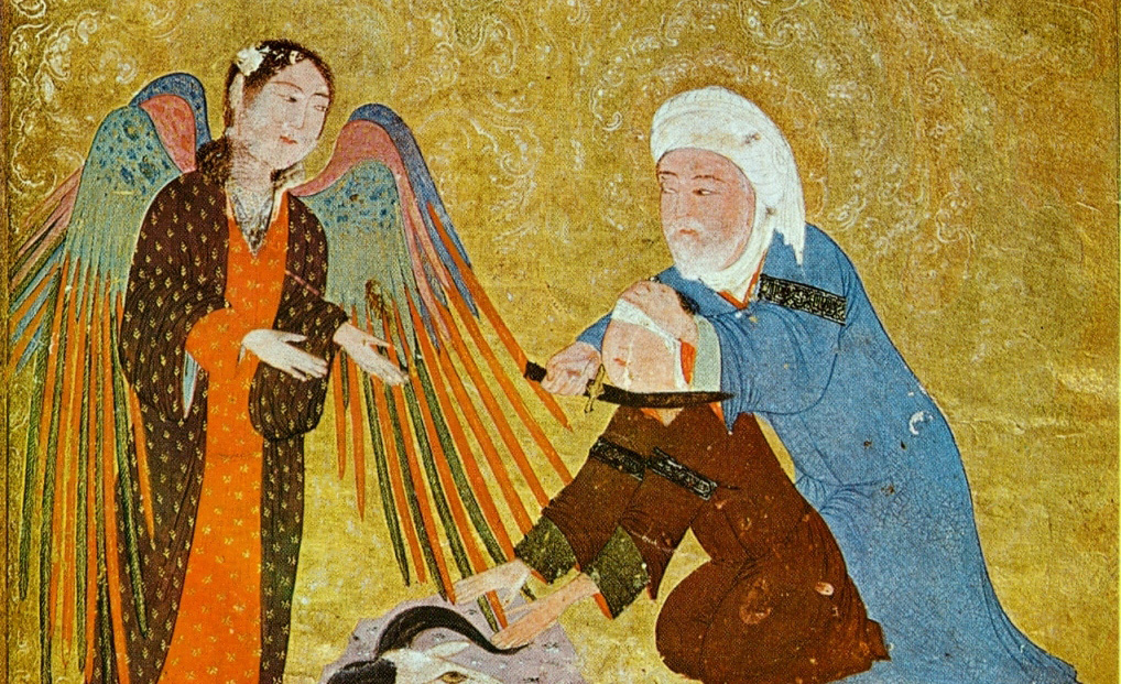 Ibrahim&#8217;s (Abraham&#8217;s) sacrifice. Timurid Anthology, Shiraz, 1410-11, Gulbenkian Museum, Lisbon. Wikimedia.
