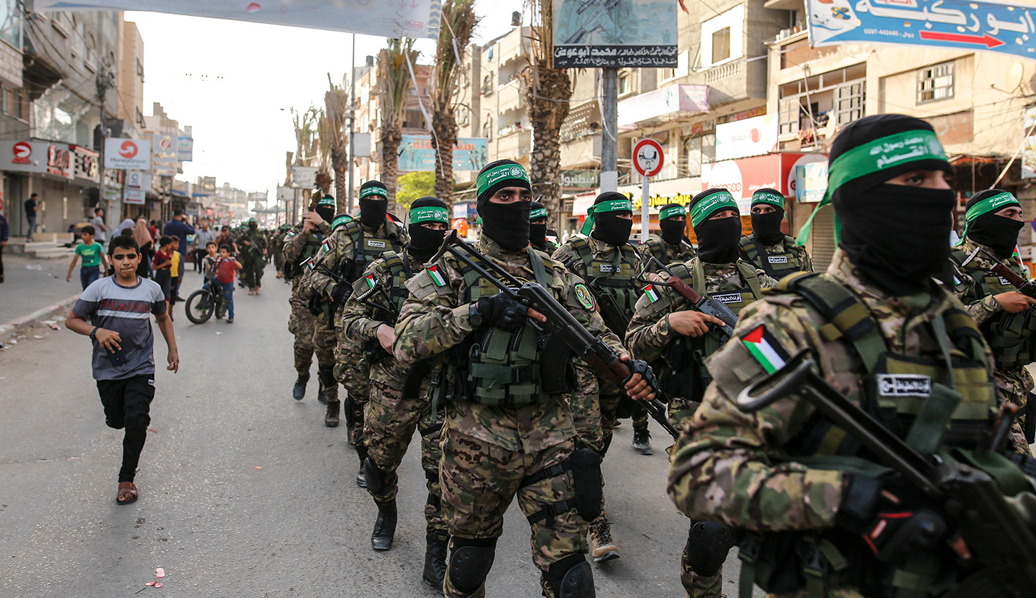 
Terrorists from the Al-Qassam Brigades, a military wing of Hamas, marching in Gaza on May 28, 2021. Sameh Rahmi/NurPhoto via Getty Images.






