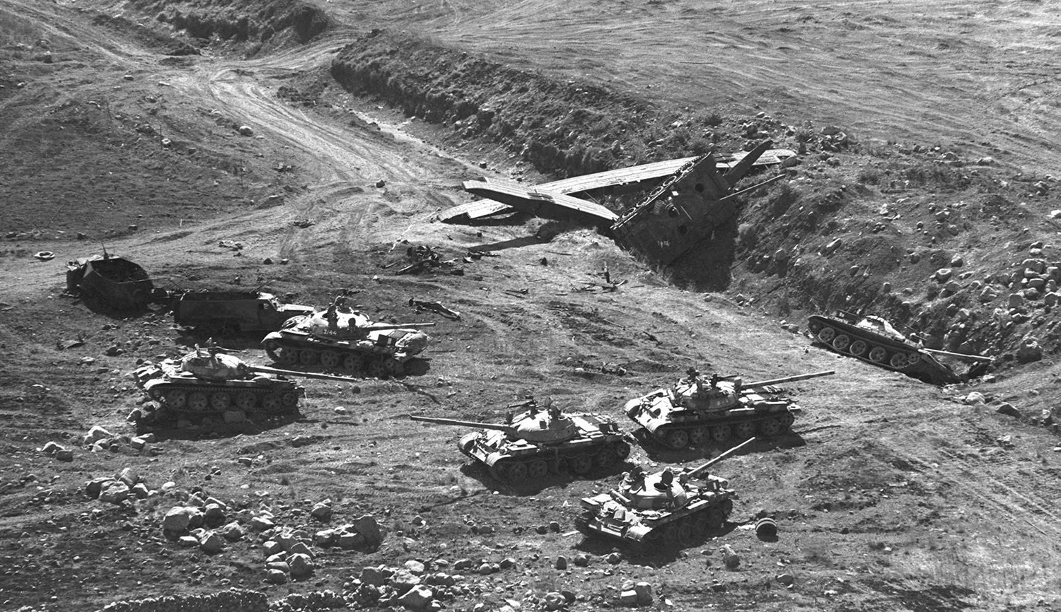 Destroyed Syrian tanks and engineering equipment on October 13, 1973 in the Golan Heights. Eitan Haris/GPO/Getty Images.
