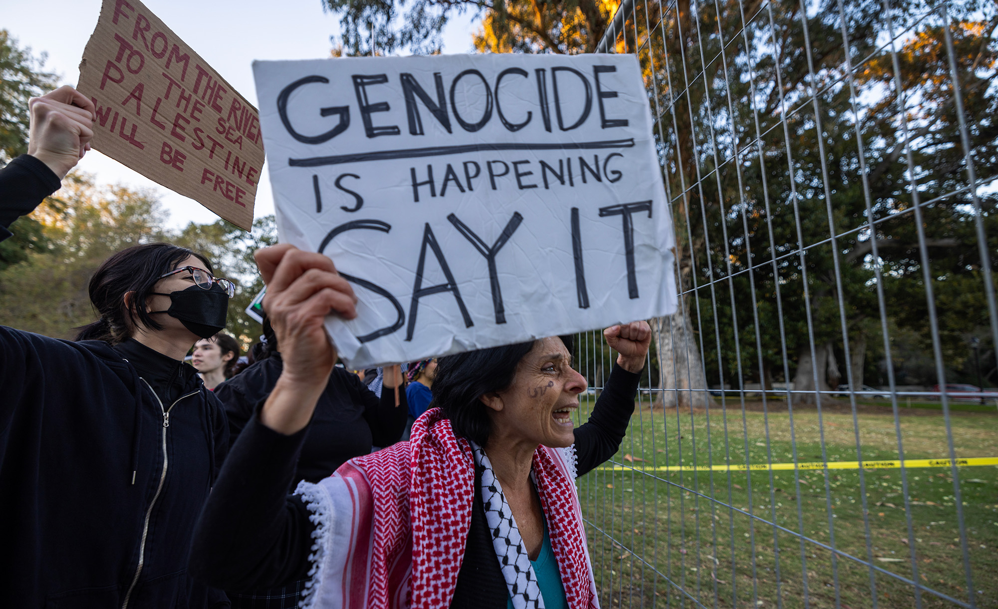 
Protesters denounce the Biden administration&#8217;s support of Israel on December 8, 2023 in Los Angeles. David McNew/Getty Images.






