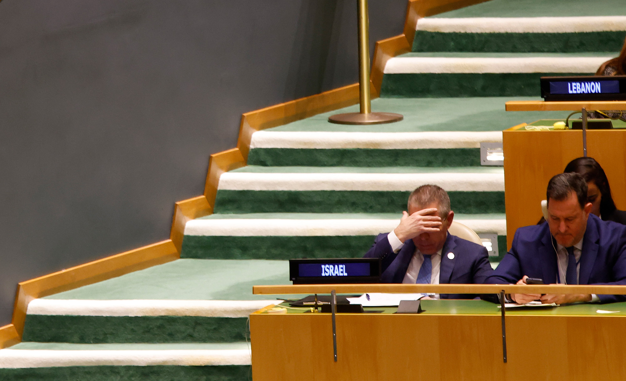 Gilad Erdan, Israel&#8217;s representative to the United Nations, reacts after the General Assembly&#8217;s vote on a resolution to demand a cease-fire in Gaza on December 12, 2023. Kena Betancur/VIEWpress.
