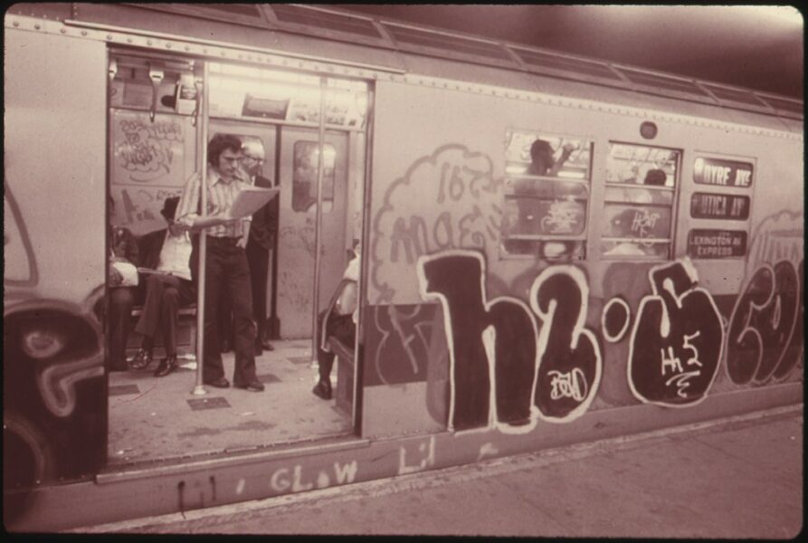A graffitied New York City subway car on the IRT Lexington Avenue Line, 1973. Jim Pickerell/U.S. National Archives and Records Administration via Wikimedia.
