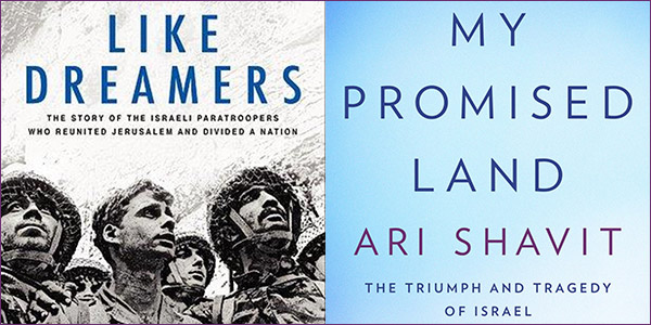 The covers of Like Dreamers by Yossi Klein Halevi and My Promised Land by Ari Shavit.
