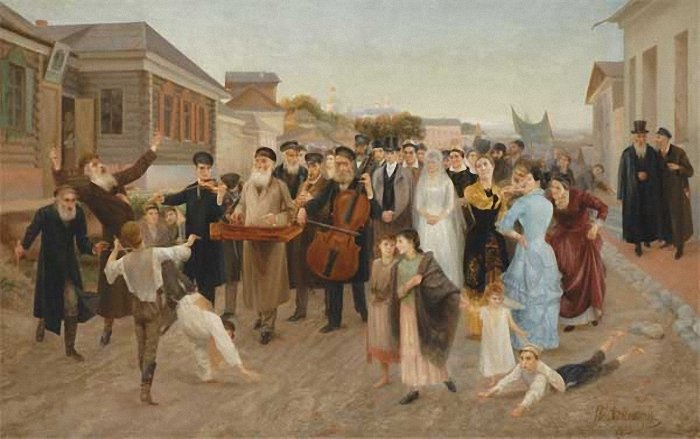 Painting of a marriage procession in a Russian shtetl by Isaak Asknaziy. Courtesy Wikimedia.